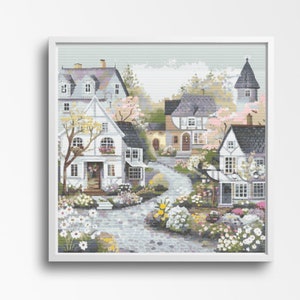 Charming Village Cross Stitch Pattern - Idyllic Cottage Scene Needlework Design. Counted Cross-stitch 300 x 300 Stitches