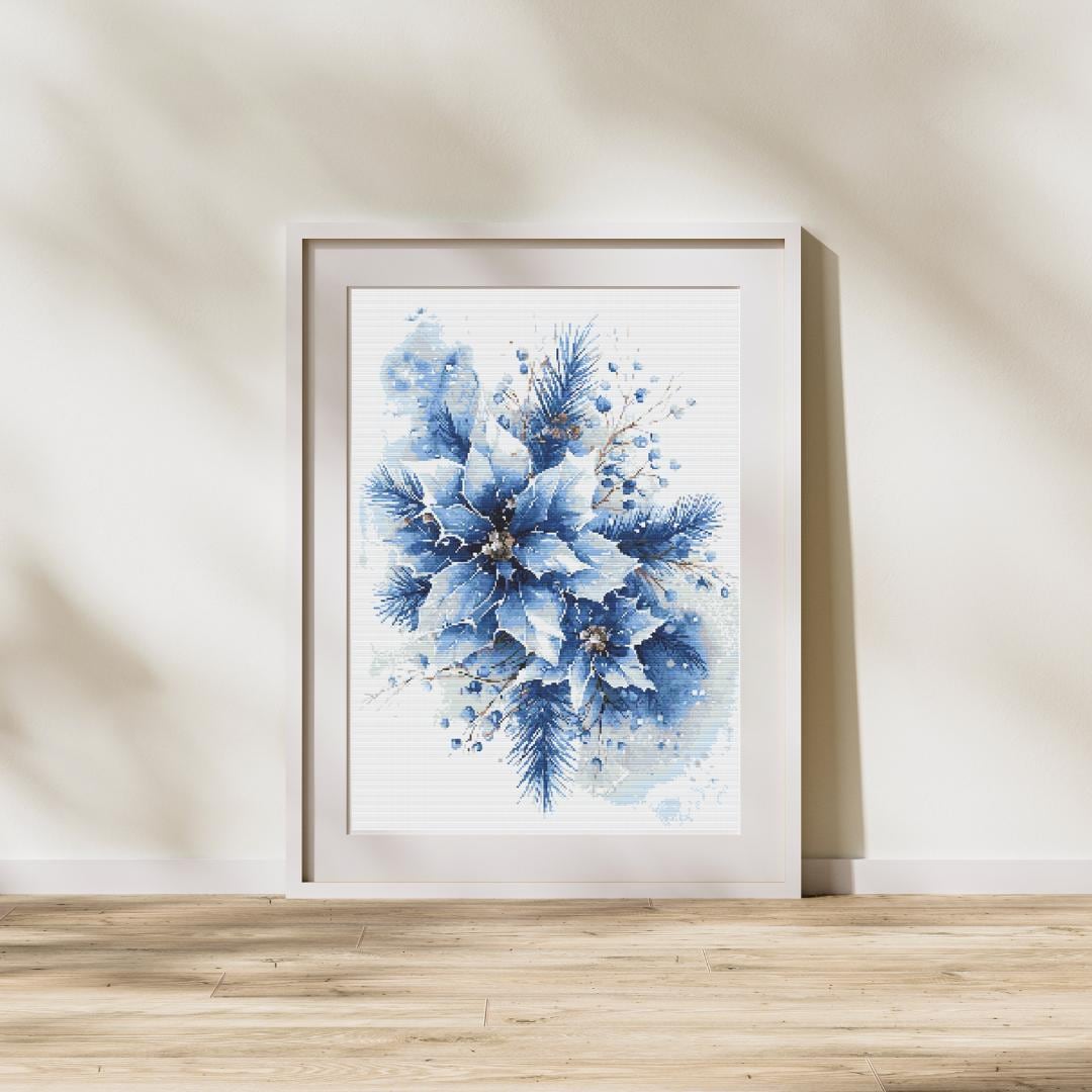 Winter Festive Bouquet of Florals with Poinsettia in an Icy Blue - Image 1