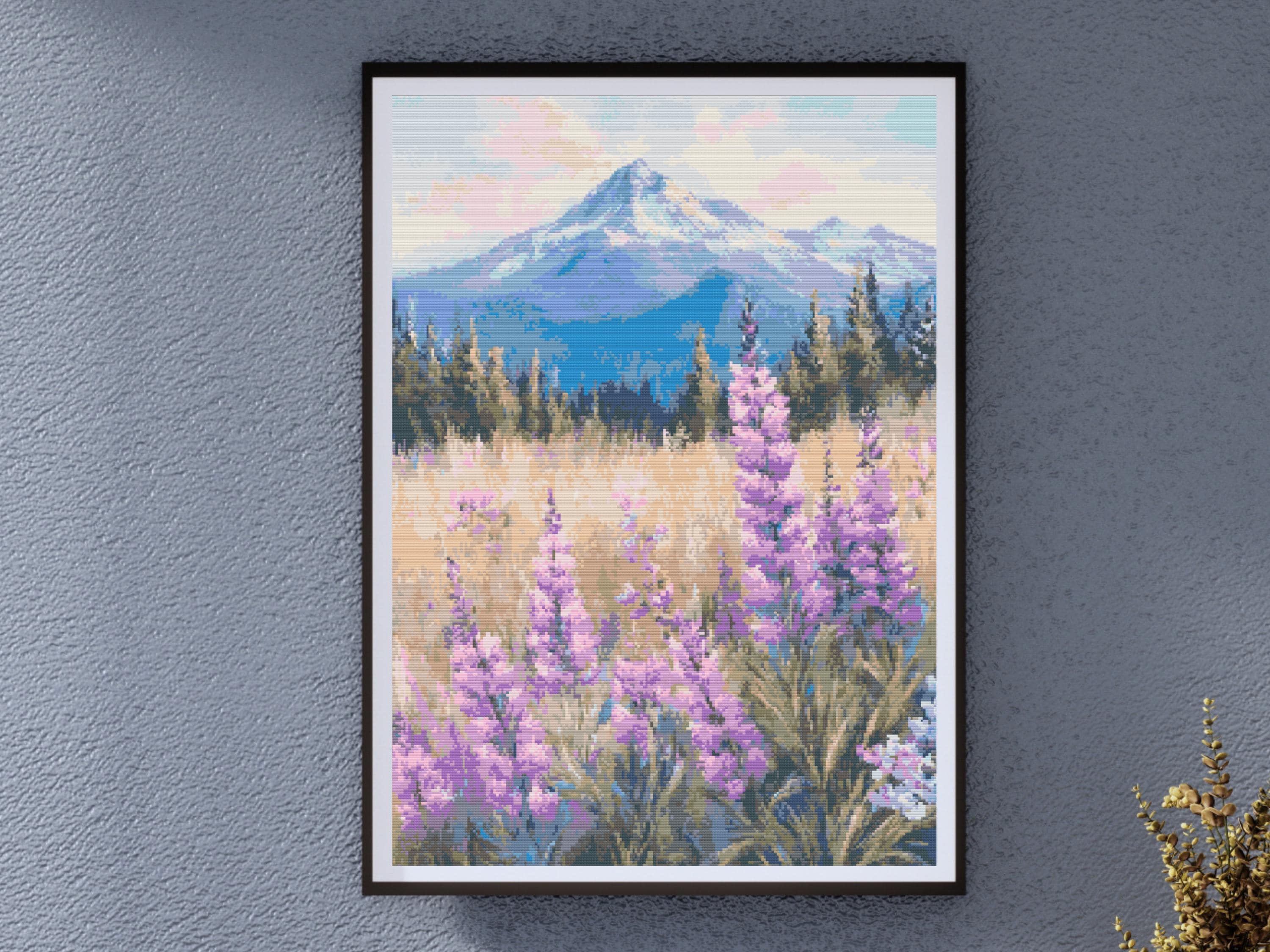 Mount McLoughlin Cross Stitch Pattern Scenic Mountain View With Heather Meadow Landscape Embroidery PDF Digital Download