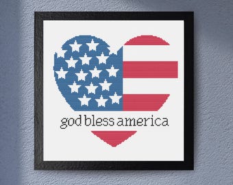 God Bless America Cross Stitch Pattern Patriotic Heart USA Flag Needlepoint printable PDF Modern Embroidery Fourth of July Decor