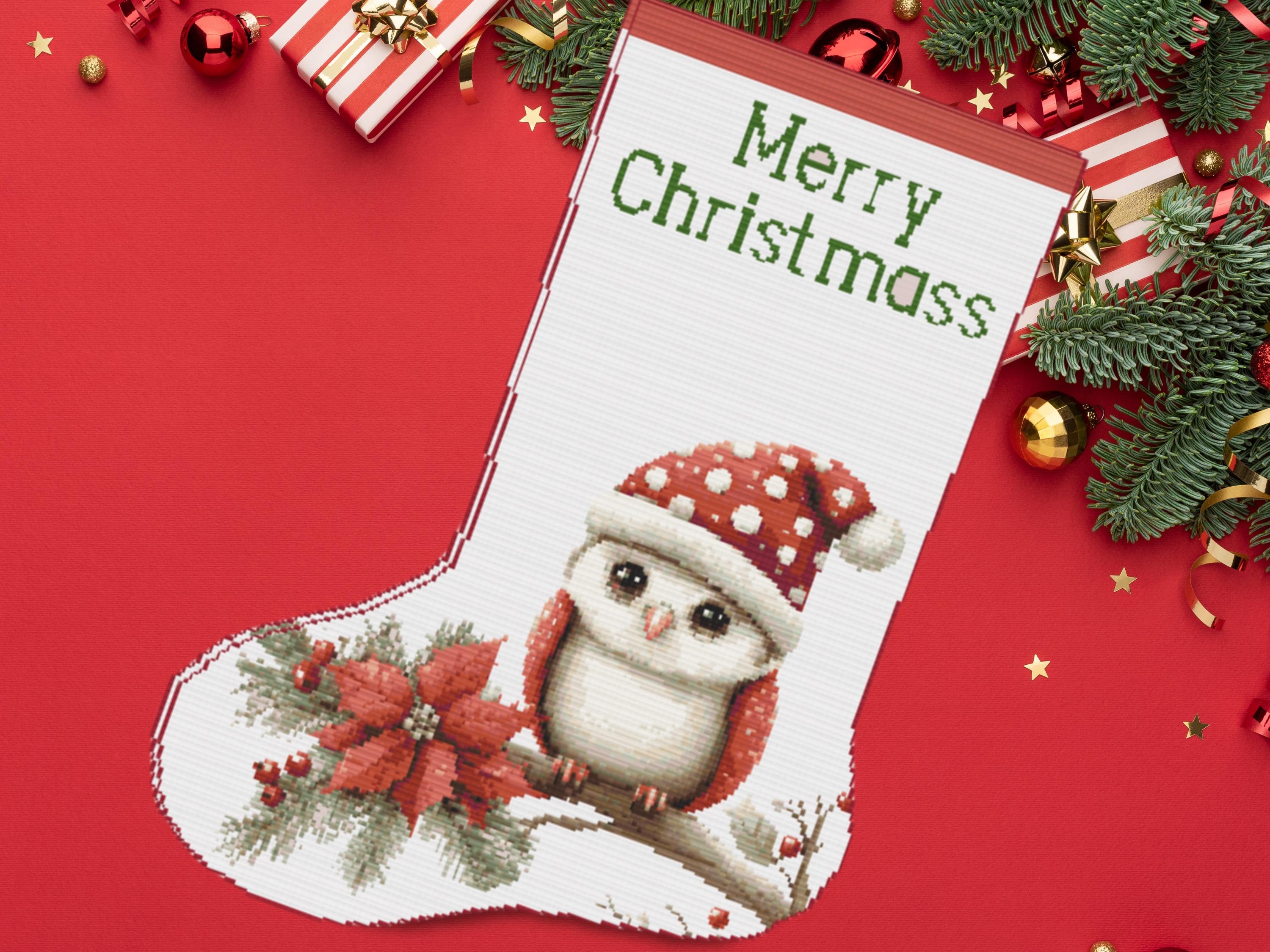 Festive Owl Christmas Stocking Cross Stitch Pattern Featuring an Owl in a Santa Hat with Poinsettia and Pine Branch - Holiday PDF Chart - Thumbnail 2