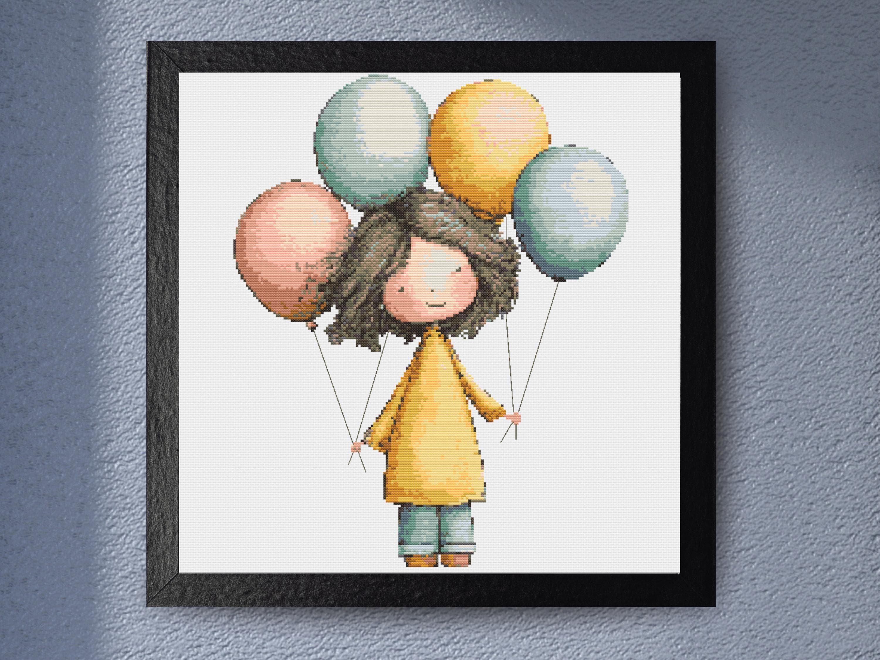 Girl with Balloons - Whimsical Nursery Decor, Fun Pastel Stitch for Beginners, Birthday or Baby Gift Idea - Image 1