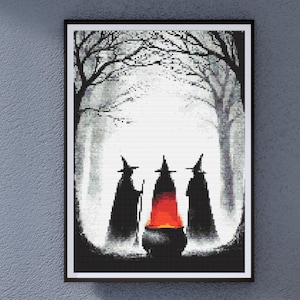 Haunting Witch Trio Cross Stitch Pattern with Cauldron Fire in Dark Forest – Gothic Halloween Counted Embroidery PDF for Spooky Home Decor