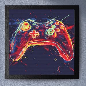 Game Controller Cross Stitch Pattern.  Retro Gaming Nostalgia, Vibrant Neon Game Controller DIY room Decor and Wall Art