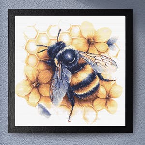 Bumblebee Cross Stitch Pattern - Realistic Bumblebee on Honeycomb and Flowers - Vibrant Yellow and Black - Instant PDF Download