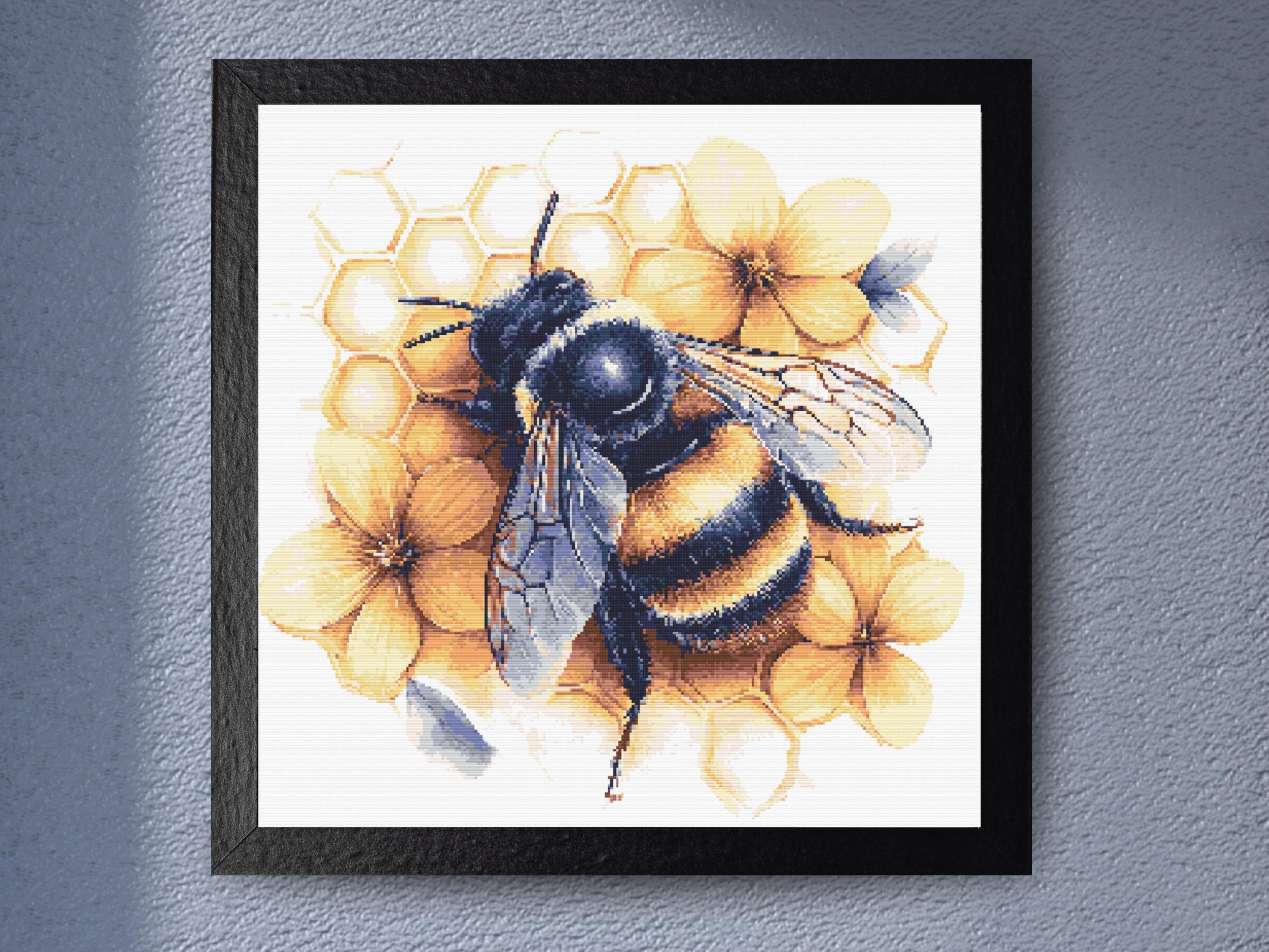 Realistic Bumblebee on Honeycomb and Flowers - Vibrant Yellow and Black - Instant PDF Download - Image 1