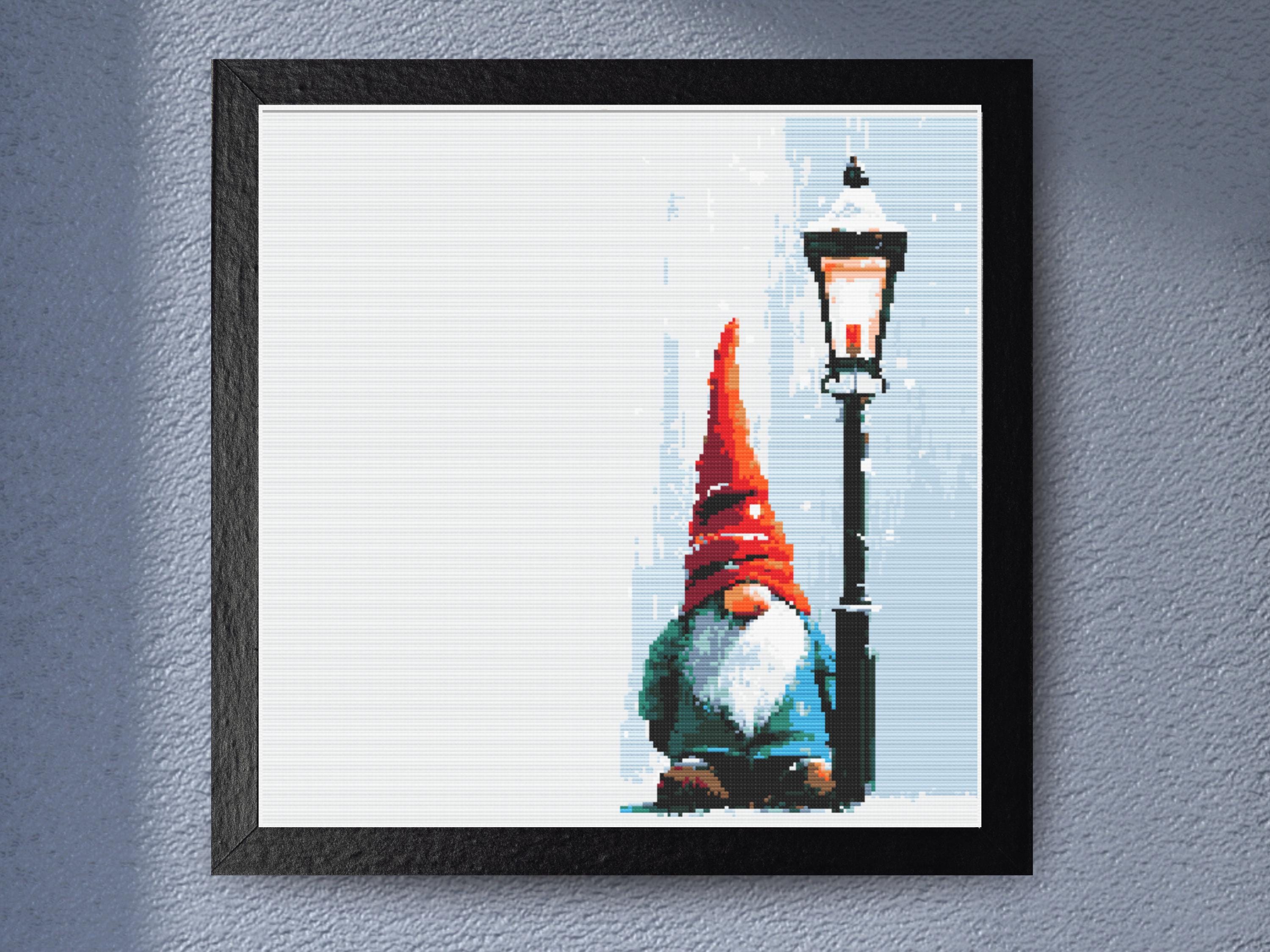 Christmas Gnome Cross Stitch Pattern – Red Hat Gnome by Lantern – PDF Embroidery Download, Counted PDF Chart