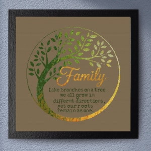 Puede incluir: Una obra de arte enmarcada presenta un diseño de árbol con la palabra "Family" en letras doradas. El árbol es verde y amarillo, sobre un fondo marrón. El texto de abajo dice: "Como ramas de un árbol, todos crecemos en diferentes direcciones, pero nuestras raíces permanecen como una."