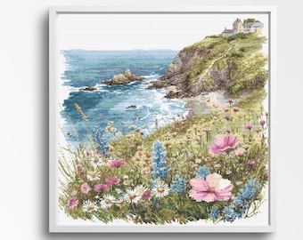 Cliffside Wildflowers Cross Stitch Pattern - Coastal Landscape Scene 220 x 220 Stitches Counted Cross-Stitch.