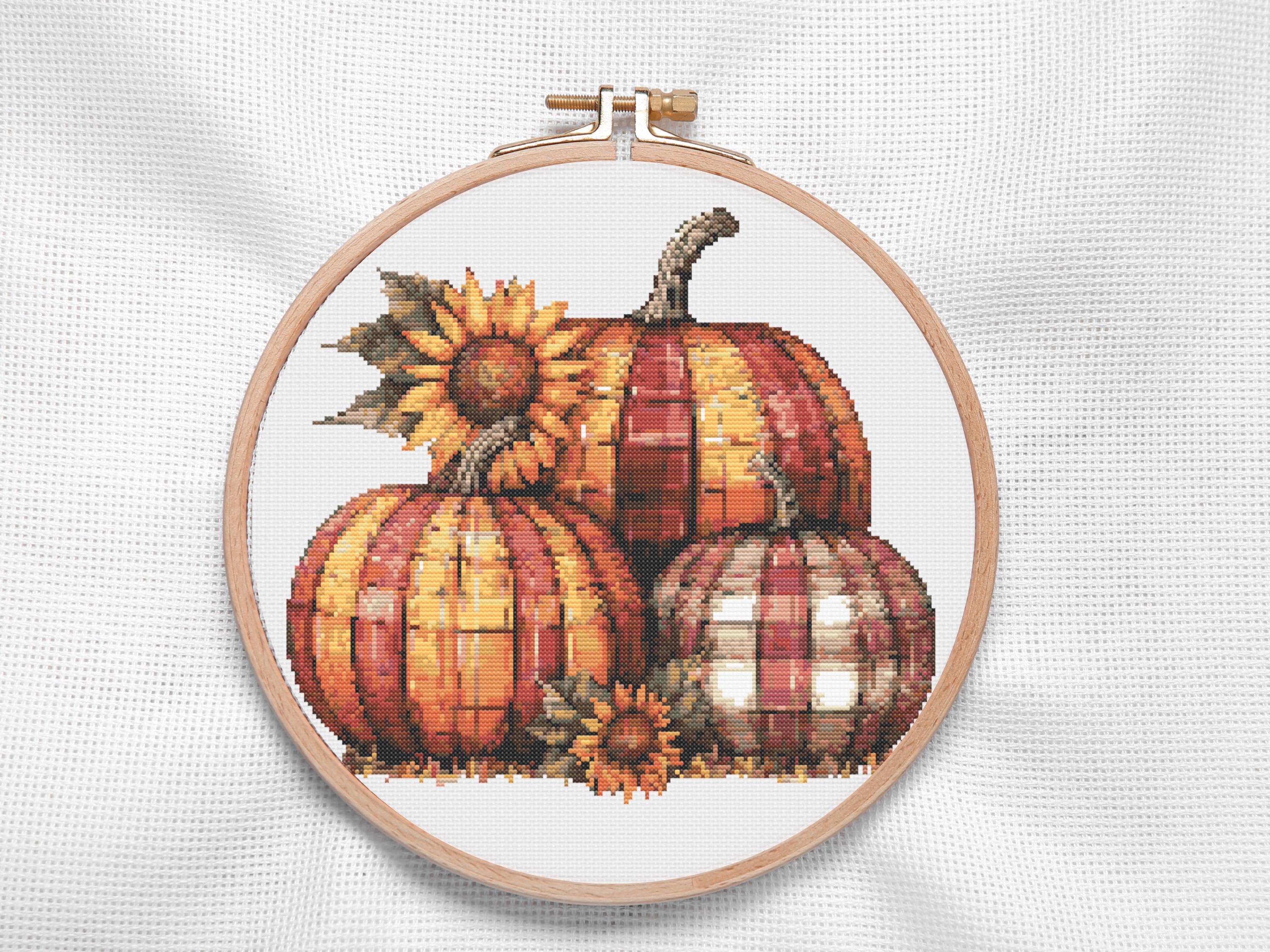 Plaid Pumpkin Cross Stitch Pattern Autumn Fall Embroidery PDF Counted Chart with Sunflowers Halloween Decor Instant Download - Thumbnail 3
