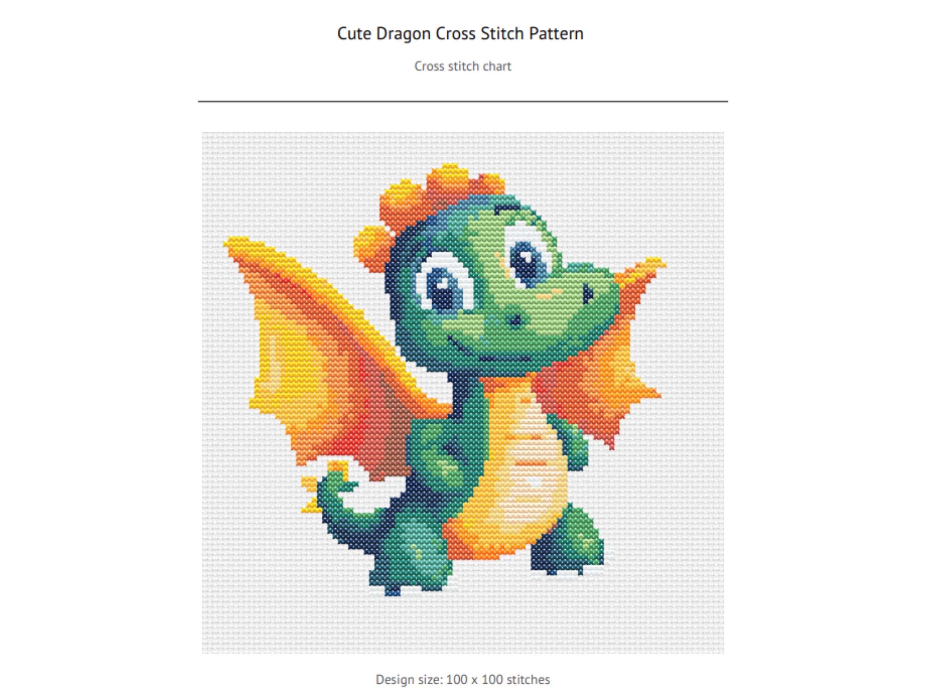 Cute Dragon Cross Stitch Pattern - Fun Green Baby Dragon with Orange Wings for Nursery Decor or Beginner Stitchers - Thumbnail 4