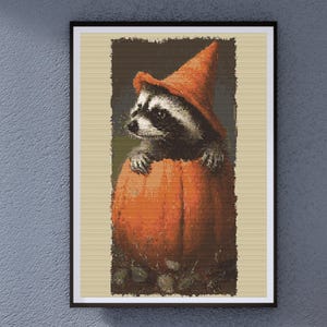 Raccoon in Pumpkin Halloween Cross Stitch Pattern – Cute Fall Animal Embroidery Design – Autumn Counted Cross Stitch for Cozy Decor