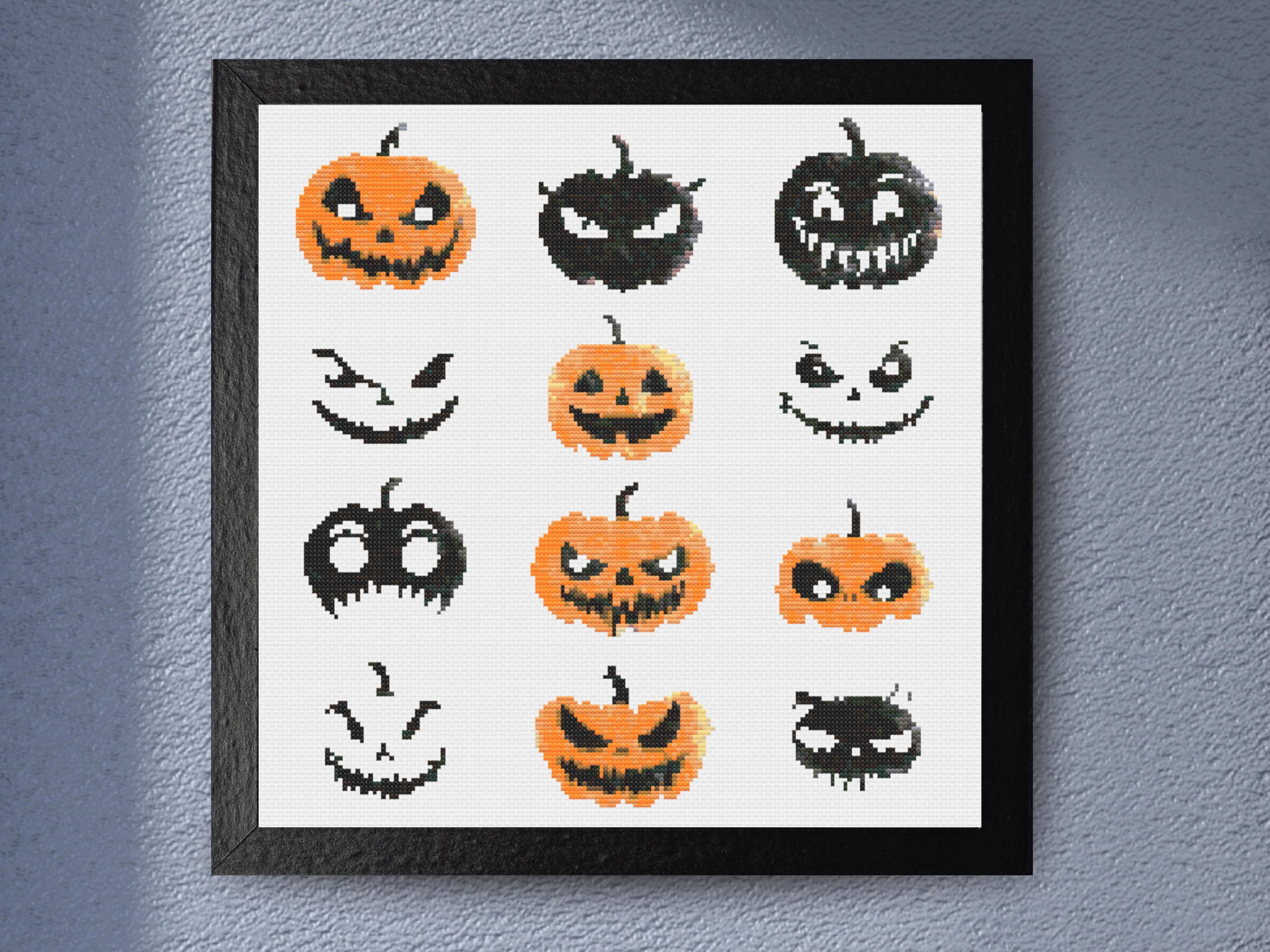 Halloween Pumpkin Faces Cross Stitch Pattern – Spooky and Cute Jack-O’-Lantern Embroidery PDF for Autumn Home Decor and Gifting - Image 1