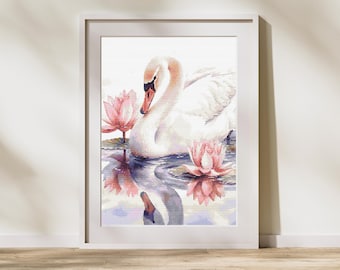 Swan Cross Stitch Pattern - Elegant Swan and Lotus Cross Stitch Pattern – Serene Water Reflection. Nature Inspired Counted Cross Stitch