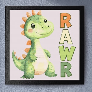 Dinosaur Cross Stitch Pattern – Cute Green Dino Cross Stitch "Rawr" Nursery Decor. Add a touch of prehistoric charm to your stitching.