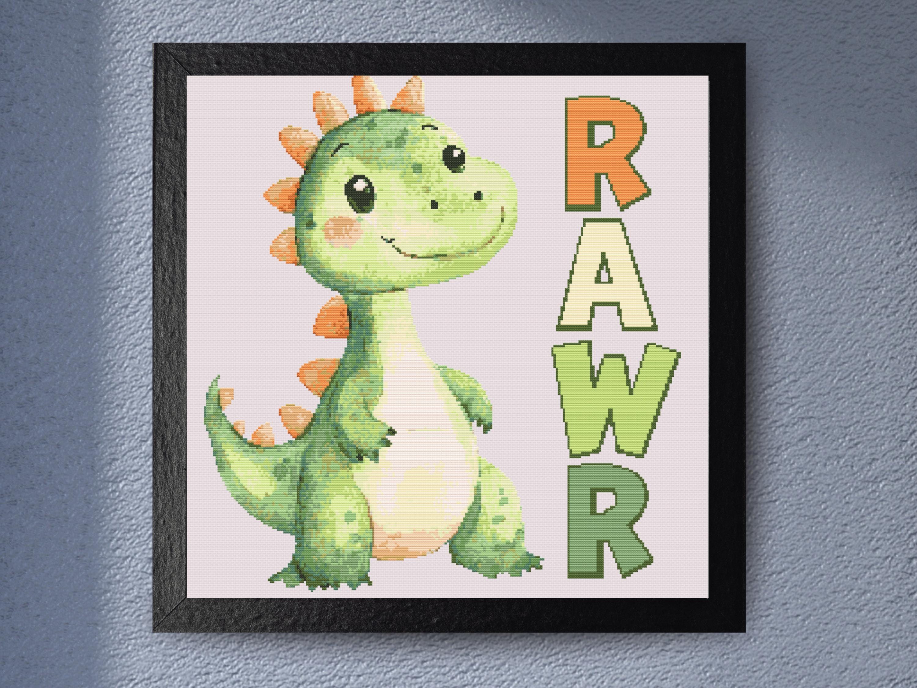 Adorable Dinosaur โ Cute Green Dino Cross Stitch "Rawr" Nursery Decor. Add a touch of prehistoric charm to your stitching. - Image 1