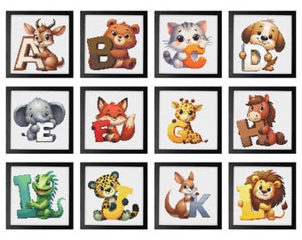 May include: A collection of framed art prints featuring adorable animal illustrations holding alphabet letters. The artwork includes a deer with the letter A, a bear with B, a cat with C, and a dog with D, among others. Each print is in a black frame.