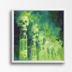 May include: A framed art print featuring a row of glass bottles filled with a green liquid. Each bottle is topped with a skull, and green smoke billows around them. The artwork has a dark, eerie theme.