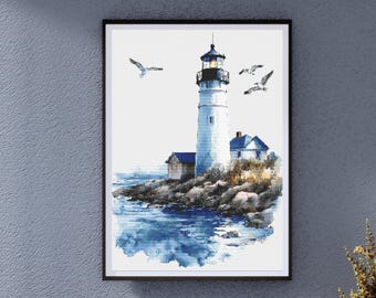 Lighthouse Cross Stitch Pattern - Coastal Ocean Scene with Seagulls and Seaside Rocks, Nautical Beach Home Embroidery for Tranquil Wall Art