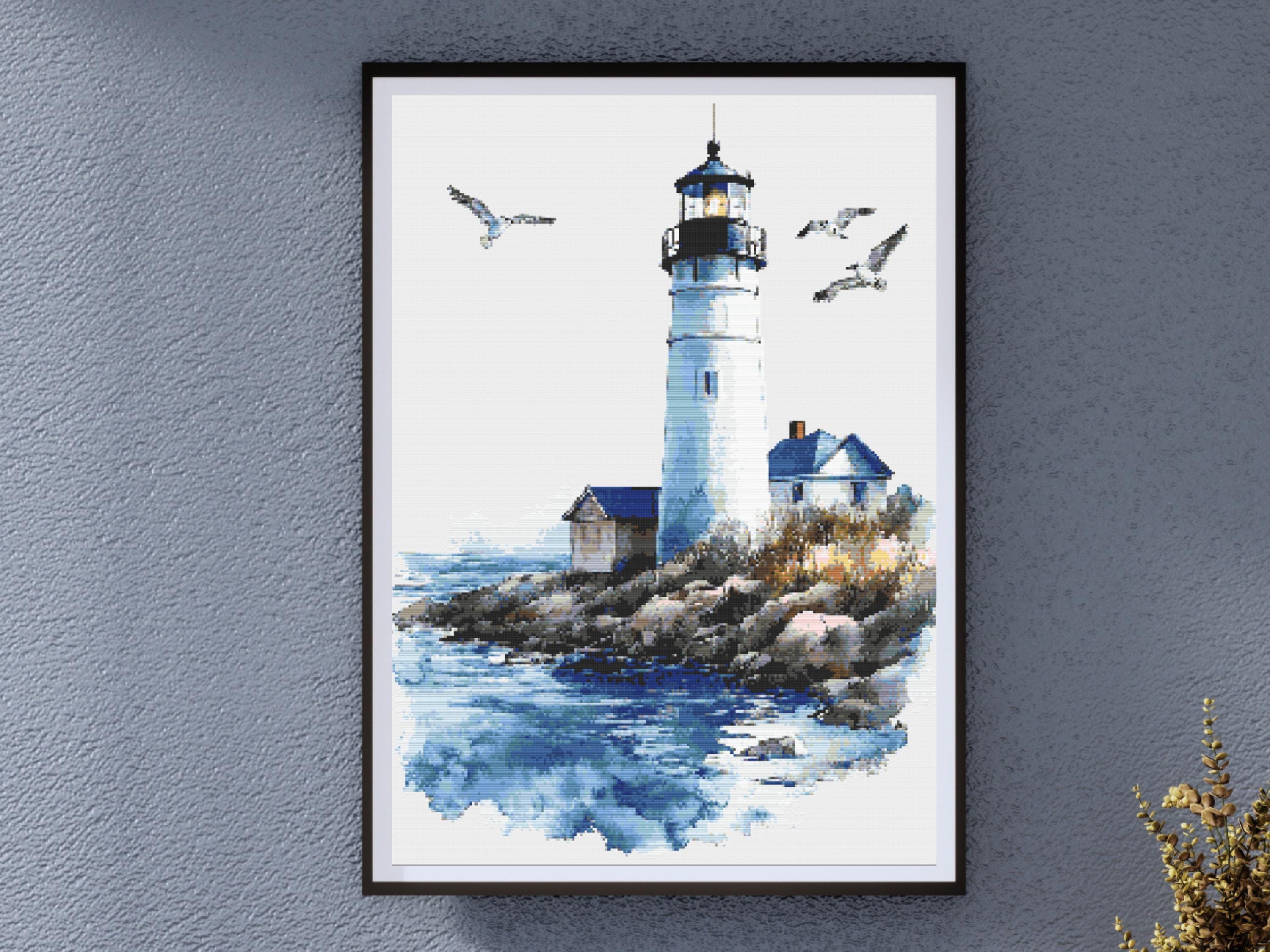 Lighthouse Cross Stitch Pattern - Coastal Ocean Scene with Seagulls and Seaside Rocks, Nautical Beach Home Embroidery for Tranquil Wall Art