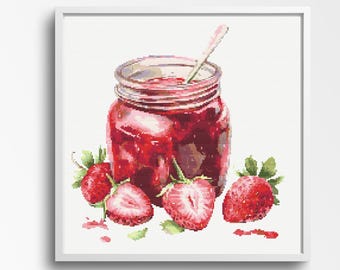 Motif de point de croix de confiture de fraises fraîches – Fruits d'été éclatants dans un bocal en verre