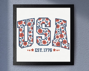 Floral USA cross stitch pattern with bold lettering and vintage flower accents for patriotic decor, perfect for Patriotic and celebrations