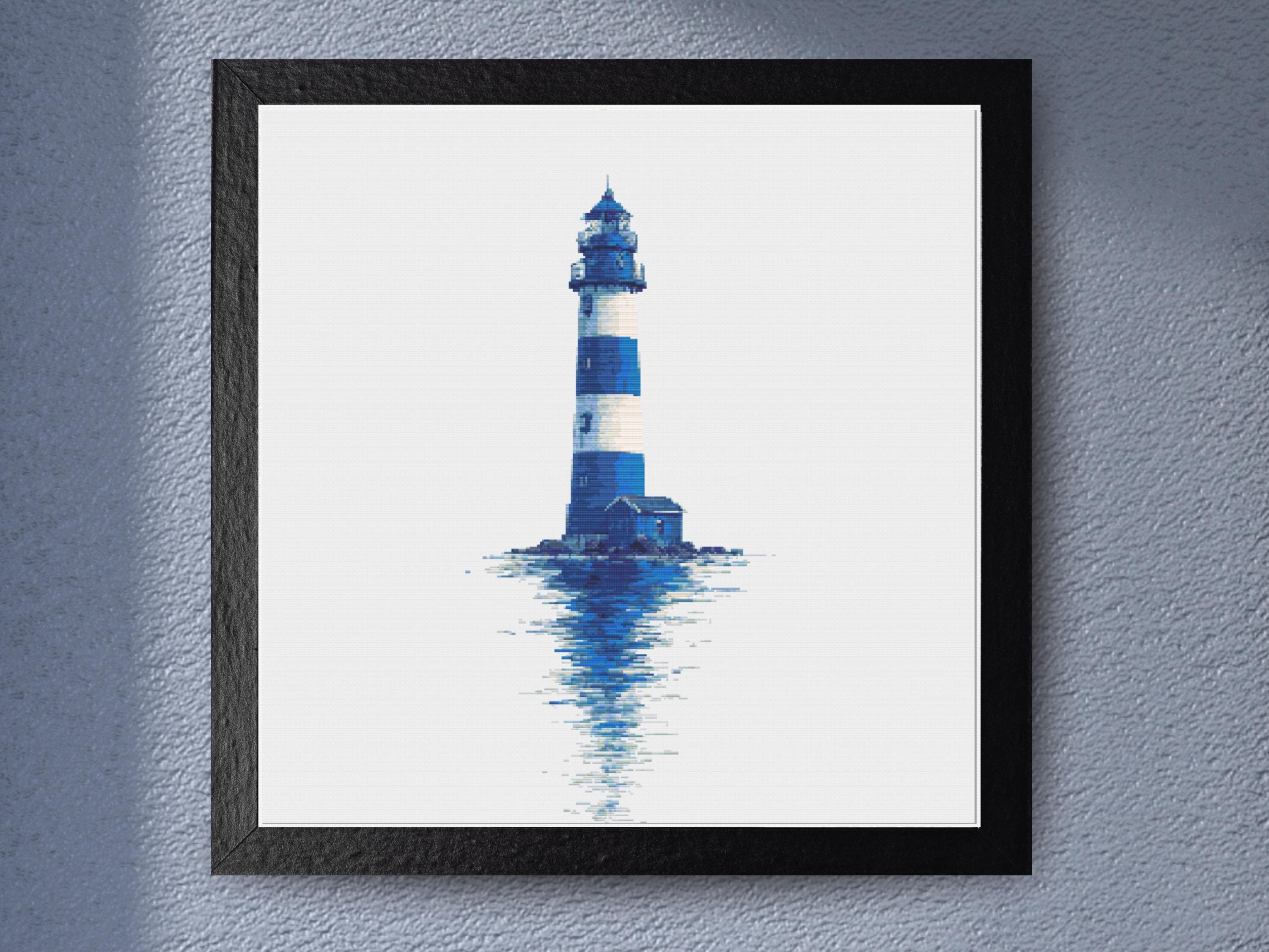 Nautical Blue Coastal Lighthouse Cross Stitch Pattern, Ocean Reflections Perfect for Seaside Decor,  Modern Embroidery