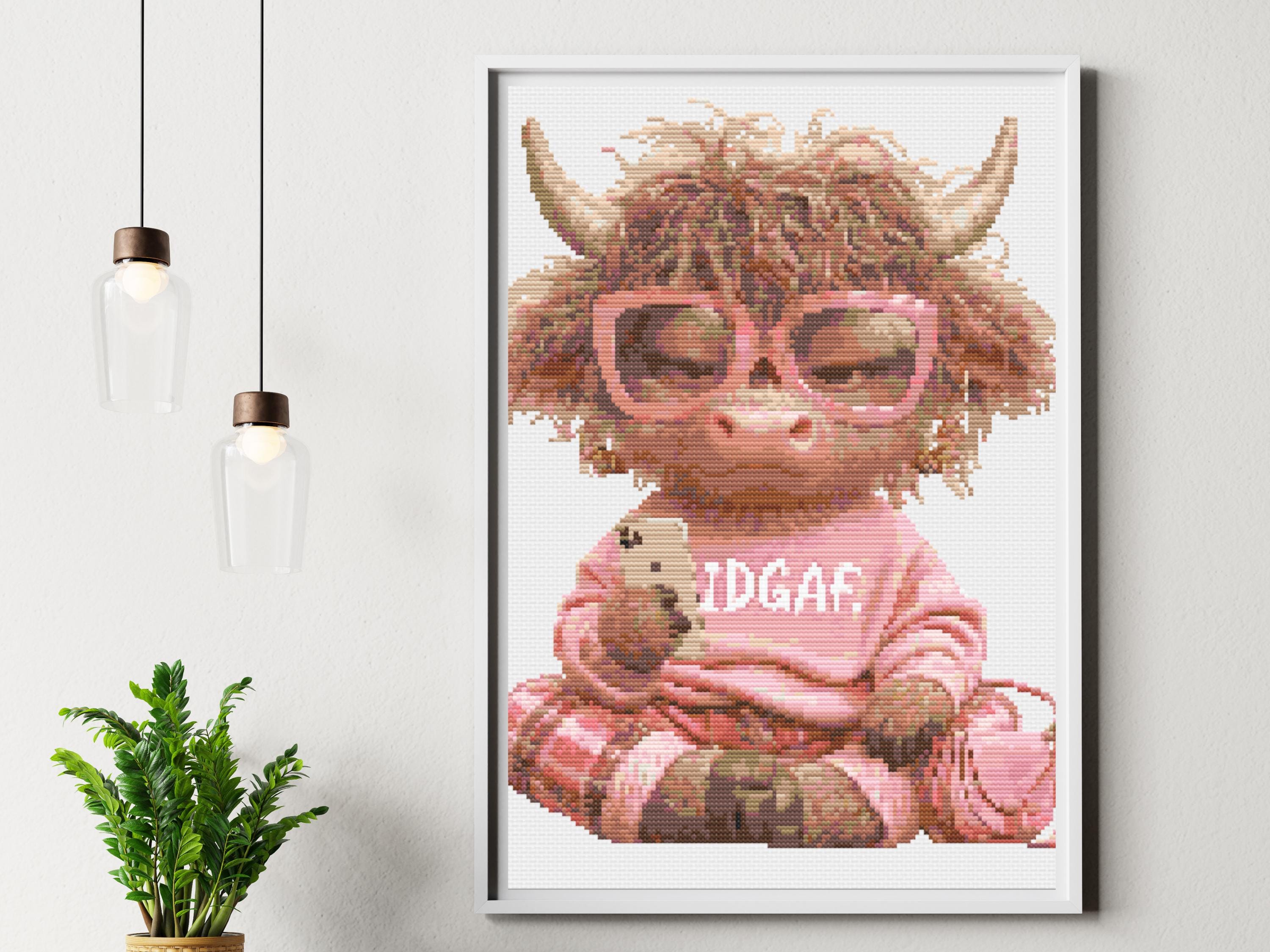 Highland Cow Cross Stitch Pattern in Pink Glasses and Sweater with Smartphone Modern Cottagecore Animal Digital Download - Thumbnail 2