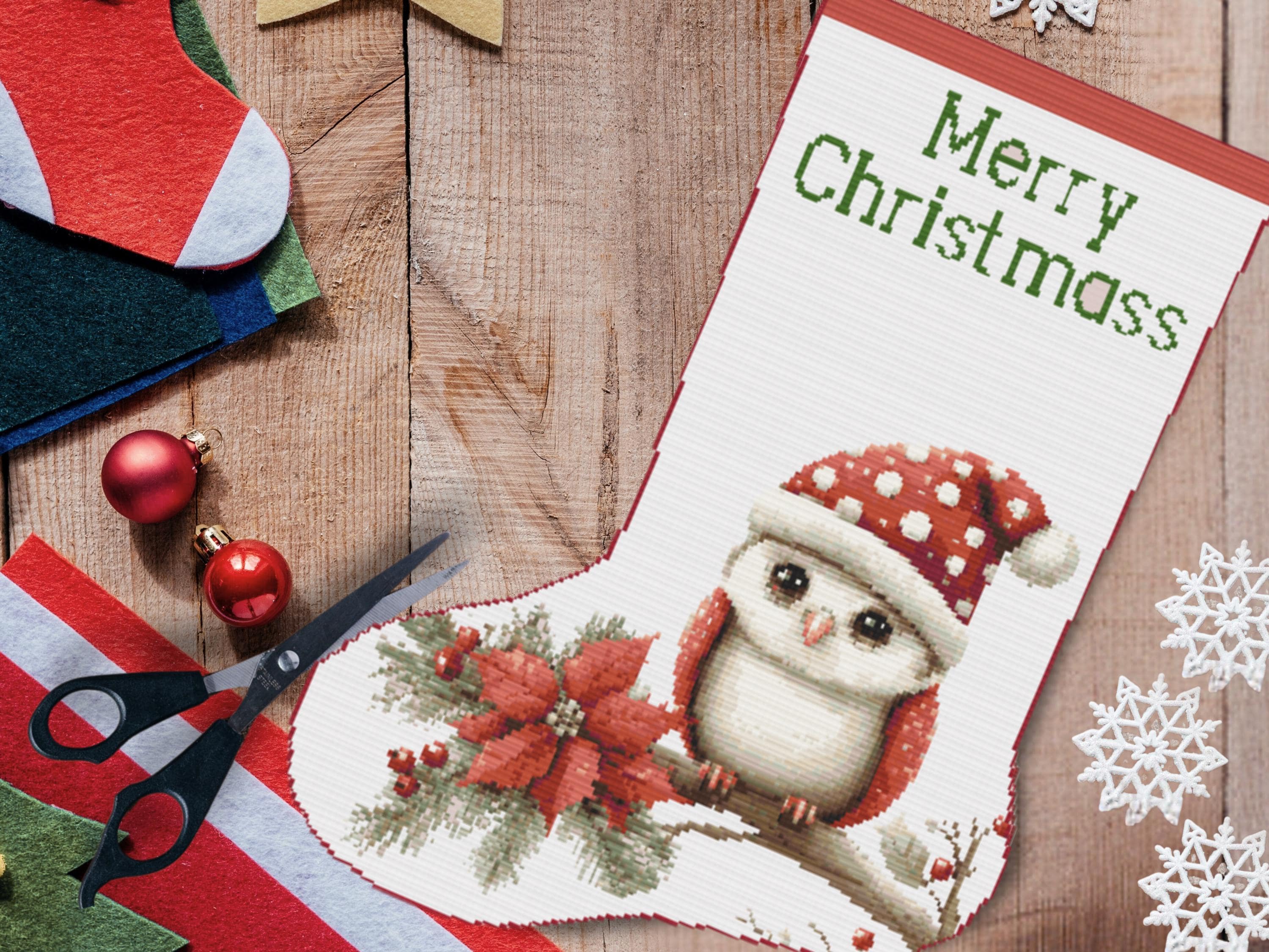 Festive Owl Christmas Stocking Cross Stitch Pattern Featuring an Owl in a Santa Hat with Poinsettia and Pine Branch - Holiday PDF Chart