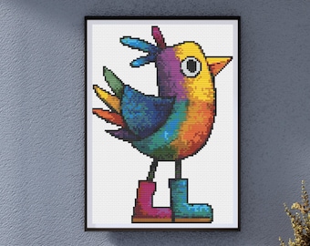 Regenbogen Vogel Kreuzstichmuster - bunter Vogel in Stiefeln - lustiges Geschenk für Vogelliebhaber