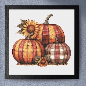 Patrón de punto de cruz de calabaza a cuadros, bordado de otoño en PDF, gráfico contado con girasoles, decoración de Halloween, descarga instantánea