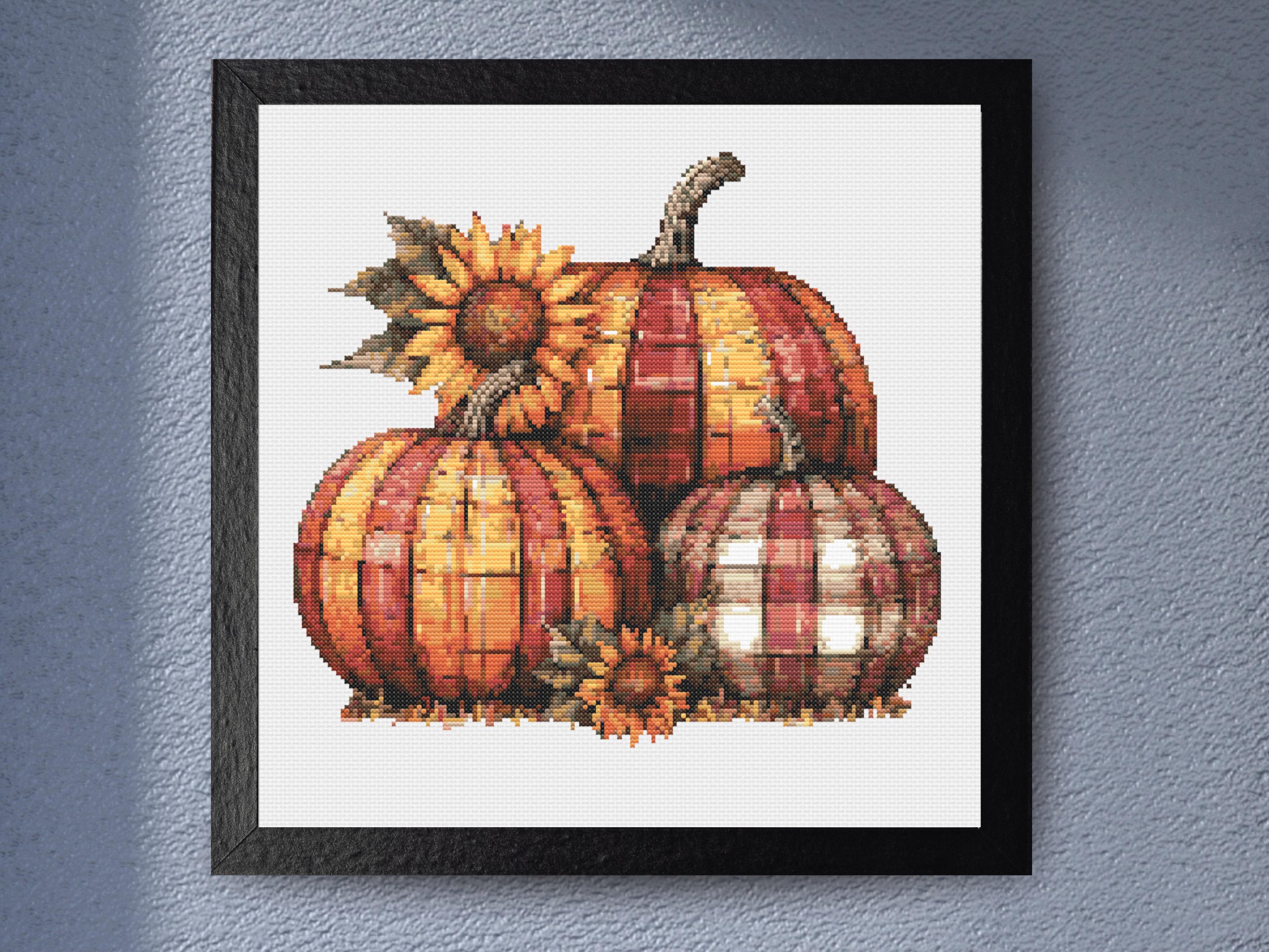 Plaid Pumpkin Cross Stitch Pattern Autumn Fall Embroidery PDF Counted Chart with Sunflowers Halloween Decor Instant Download - Image 1