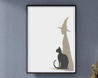 Black Cat with Witch Cross Stitch Pattern Halloween Silhouette Hand Embroidery PDF Digital Download