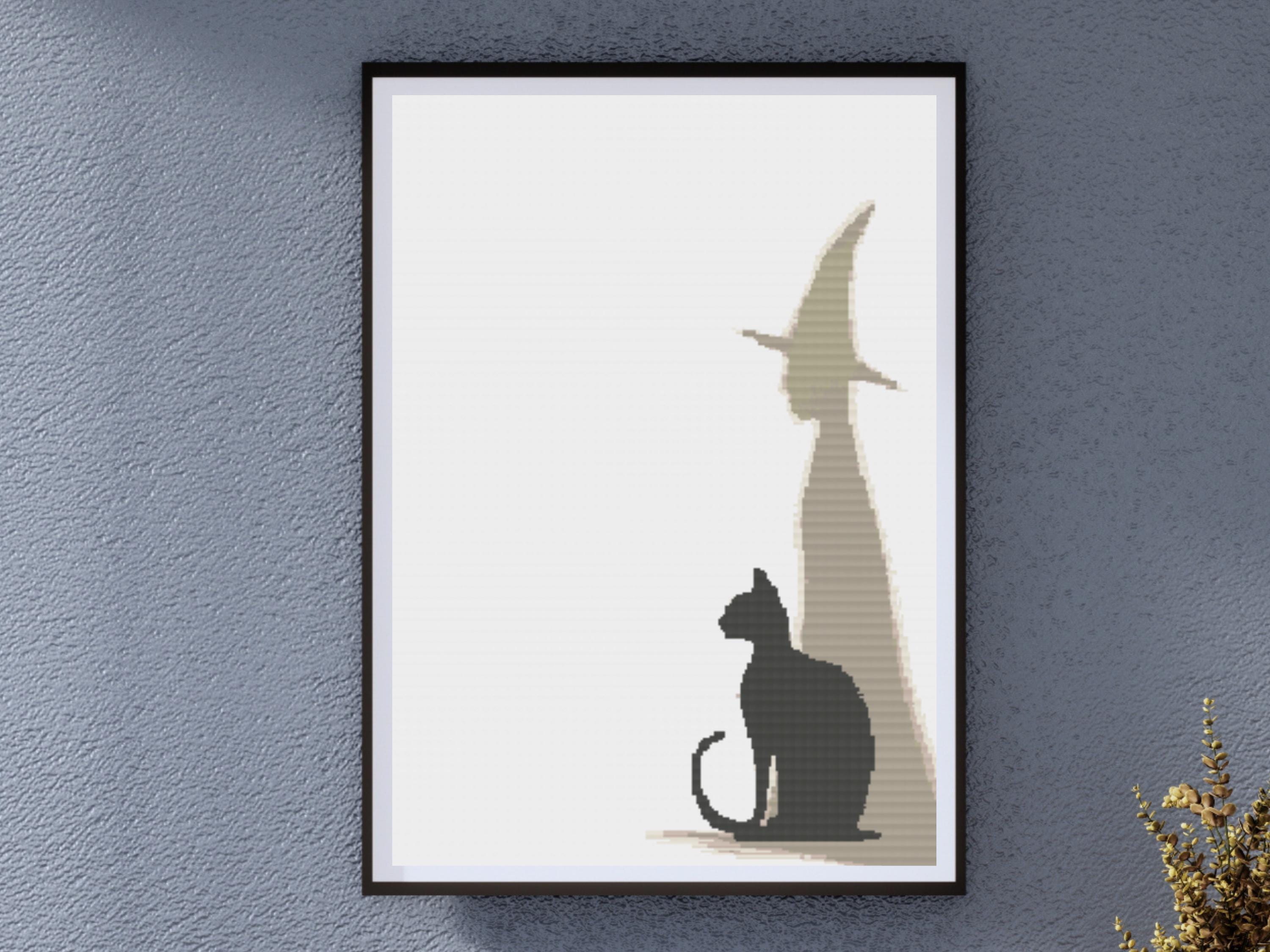 Mysterious Black Cat with Witch Shadow Cross Stitch Pattern Halloween Silhouette Modern Minimalist PDF Download