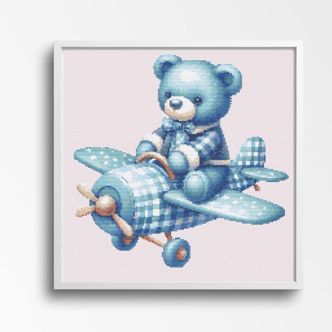 Blue Teddy Bear on an Airplane - Kids' Room Decor or Nursery Decoration. - Image 1