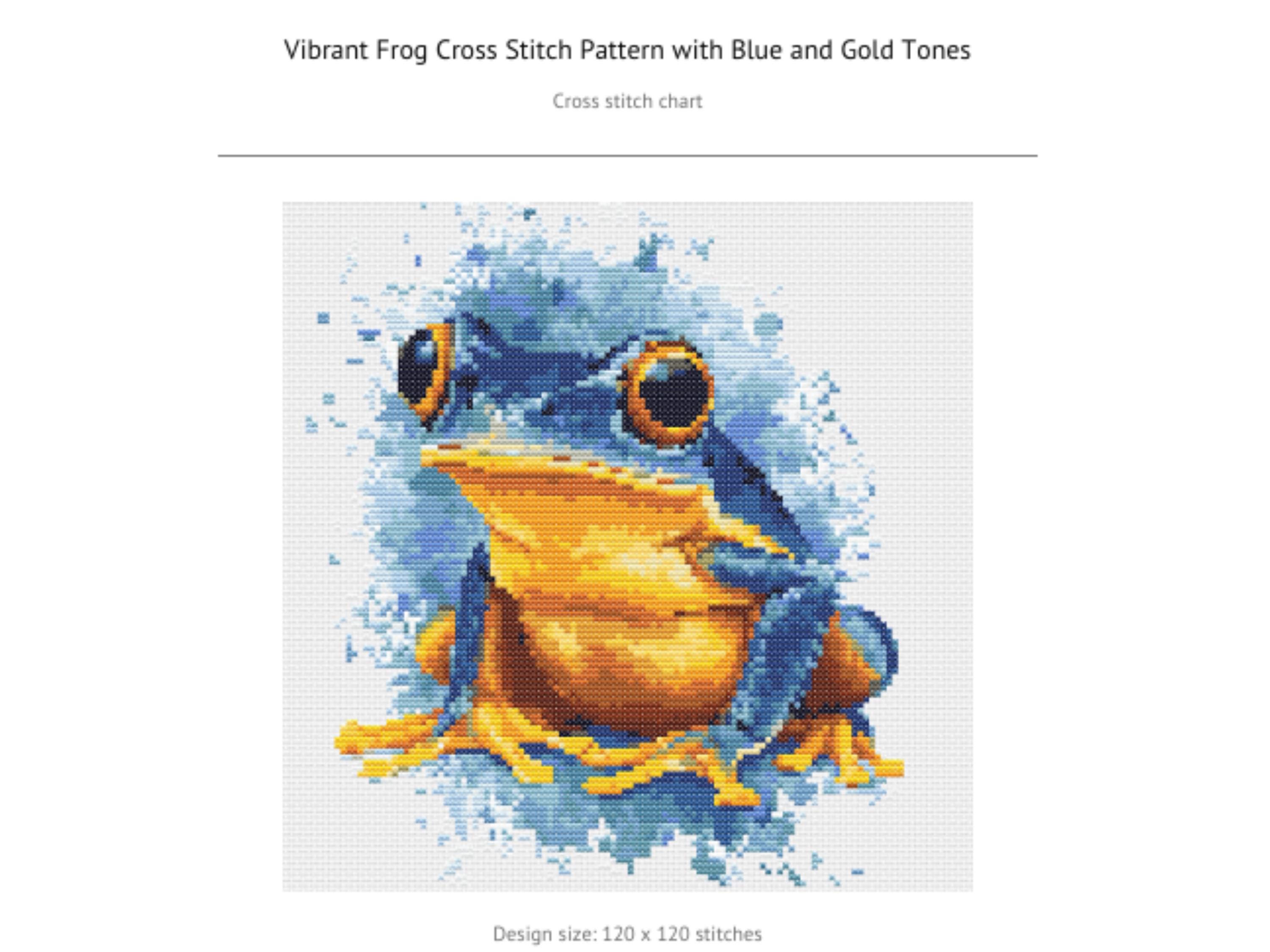 Vibrant Frog Cross Stitch Pattern with Blue and Gold Tones for Unique Nature-Inspired Wall Art Home Décor Embroidery PDF - Thumbnail 4
