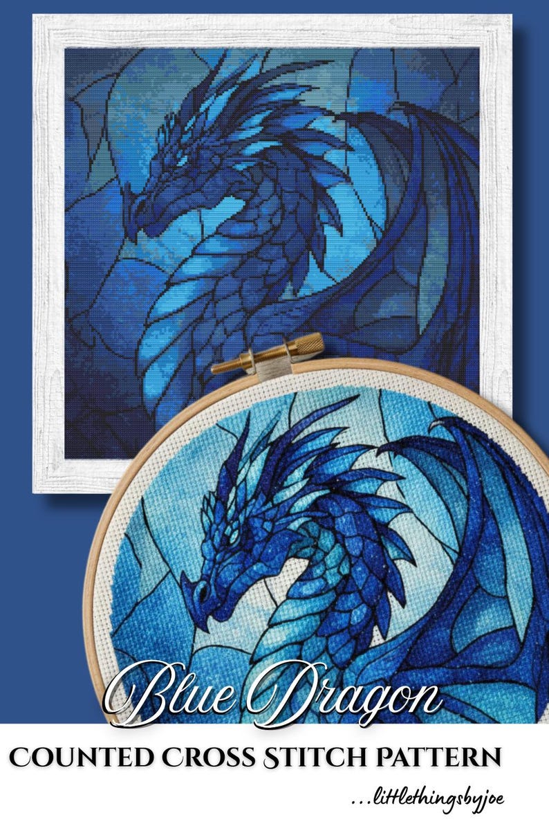 Blue Dragon Fantasy Cross Stitch Pattern Stain Glass Gothic Dragon Full ...