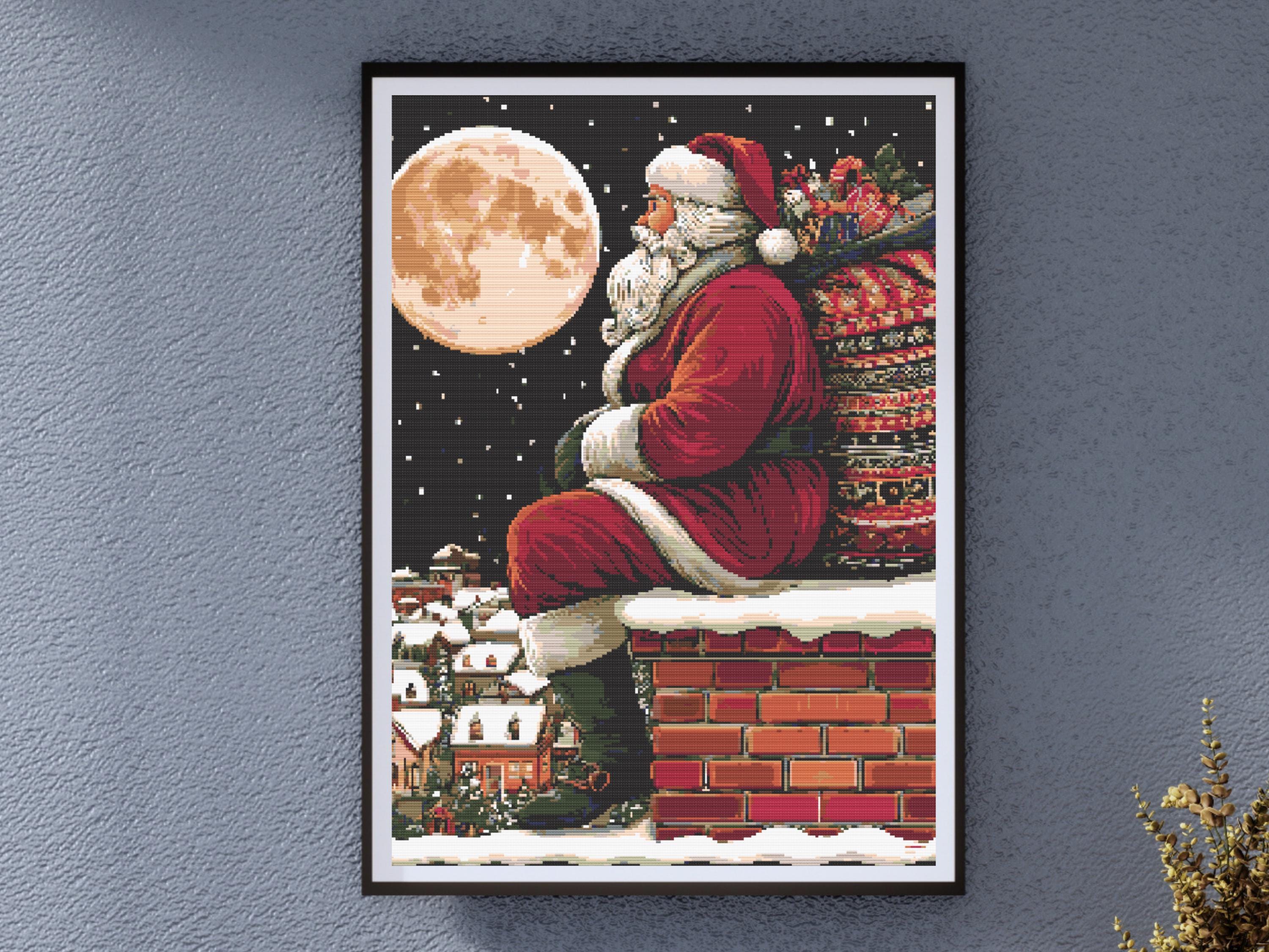 Santa Claus Sitting on Chimney with Full Moon and Snowy Village Scene
