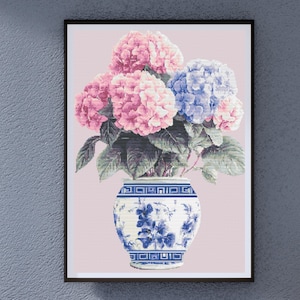 Floral Elegance in Delft Blue: Hydrangeas in a Classic Vase Cross Stitch Pattern 240 x 300 Stitches.  Counted Cross Stitch