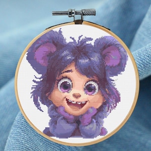 Adorable Bear Costume Girl Cross Stitch Pattern - Cute Character Design- PDF Instant Download 140x140 Purple Teddy Bear