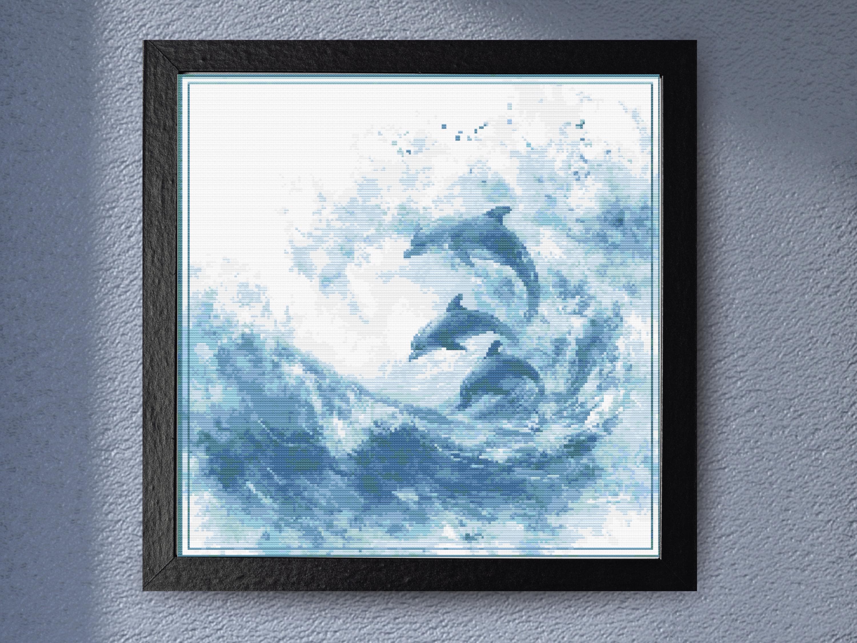Dolphins In Ocean Waves Cross Stitch Pattern Coastal Wall Art Design Serene Sea Life Embroidery PDF Download - Image 1