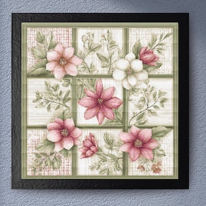 May include: Square framed floral art print. The artwork features a grid design with pink and white flowers, green leaves, and a light wood-grain background. The frame is black.