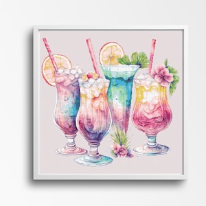 Puede incluir: Pintura a la acuarela de cuatro cócteles coloridos en vasos altos, cada uno adornado con frutas, menta y flores. Las bebidas presentan tonos de rosa, azul y amarillo, con pajitas y crema batida. La obra está enmarcada.