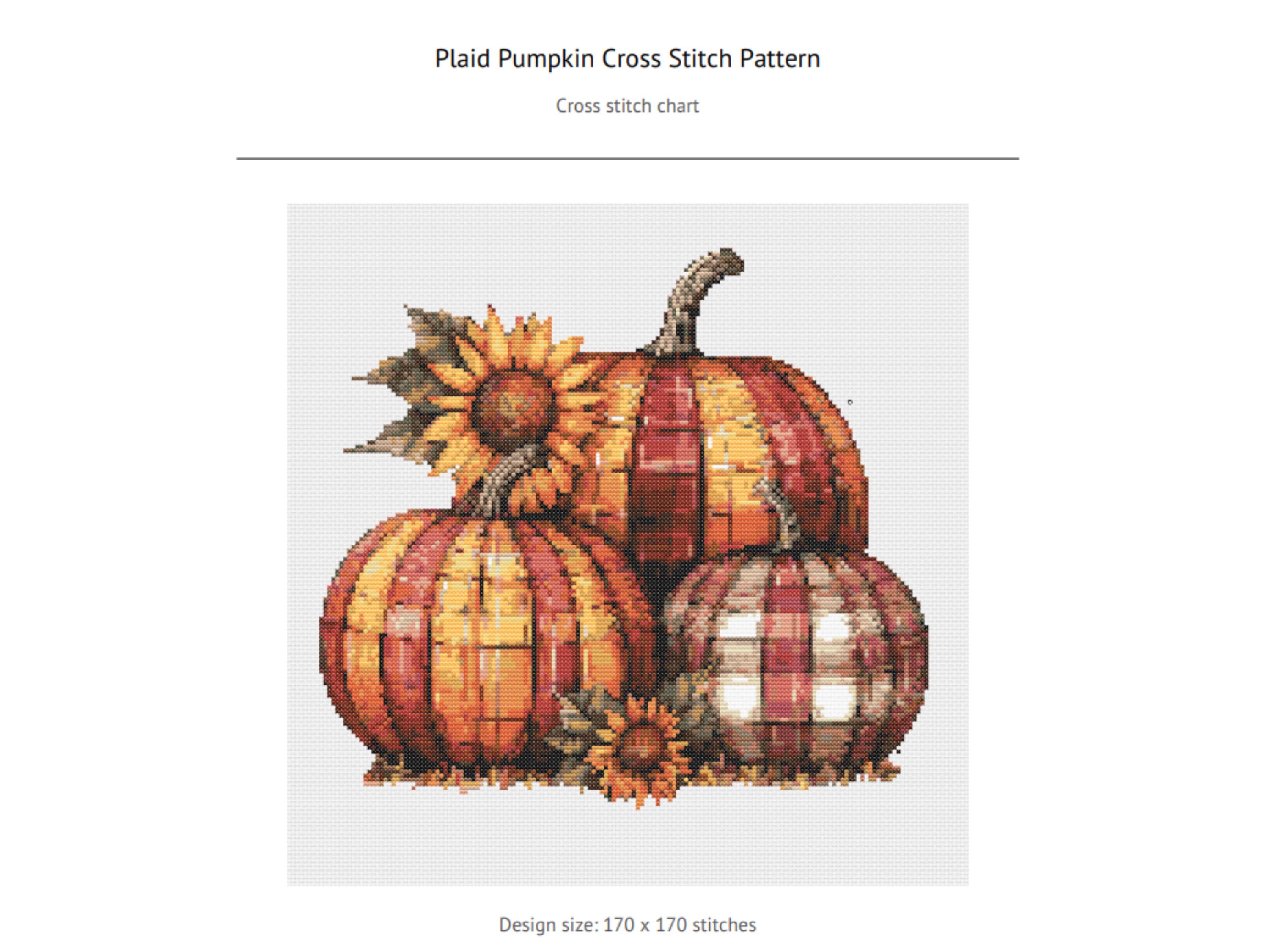 Plaid Pumpkin Cross Stitch Pattern Autumn Fall Embroidery PDF Counted Chart with Sunflowers Halloween Decor Instant Download - Thumbnail 4