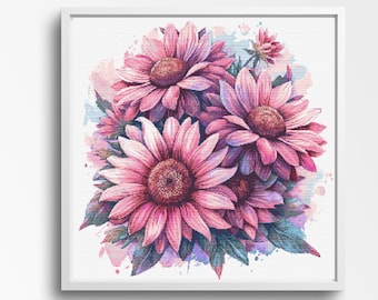 Sunset Blooms - Flower Cross Stitch Pattern 300 x 300 Stiches. Counted Cross-Stitch. A Stunning Floral Arrangement for any Room