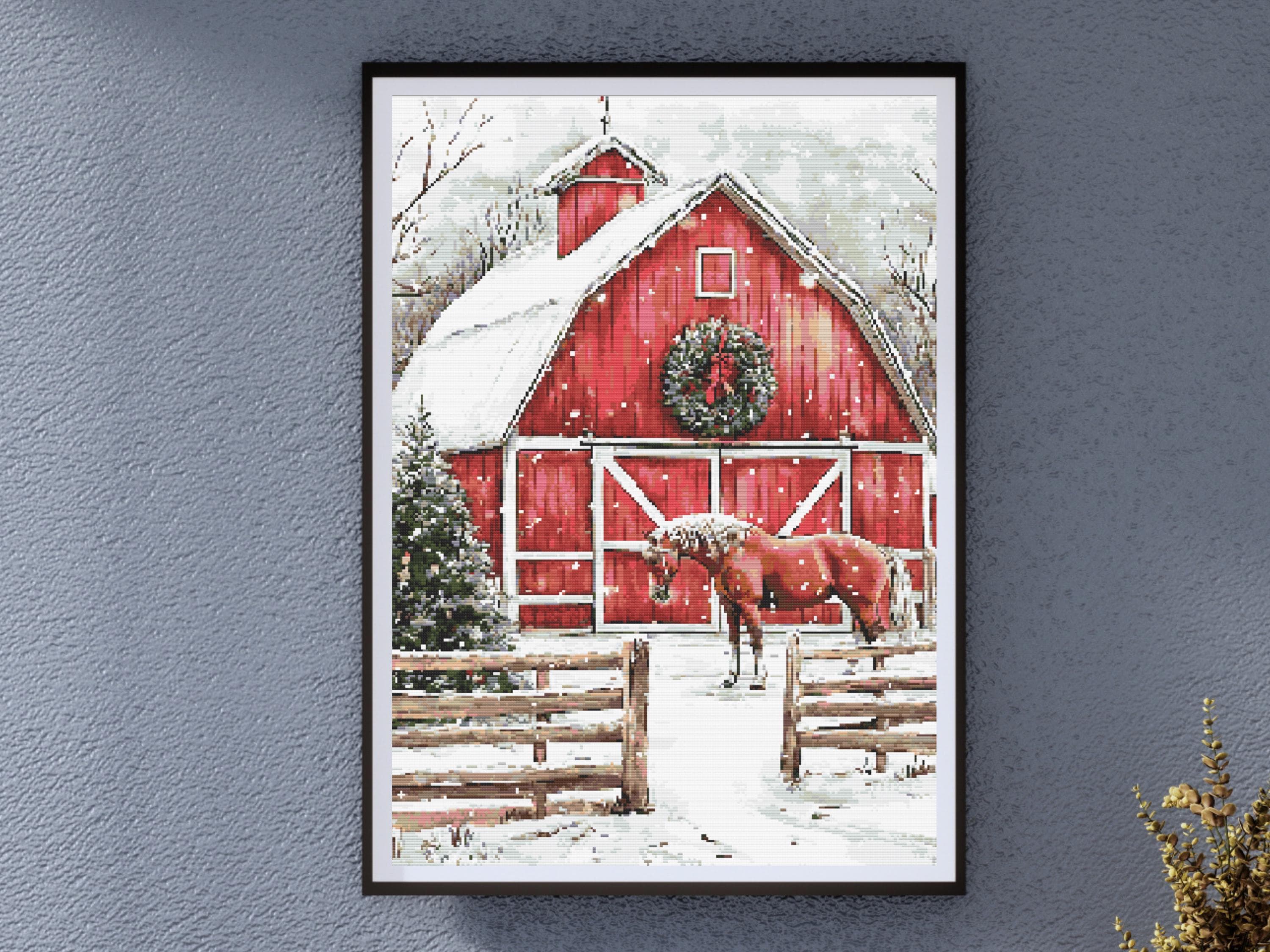 Christmas Barn with Horse and Snowy Wreath - Image 1