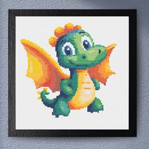 Cute Dragon Cross Stitch Pattern - Fun Green Baby Dragon with Orange Wings for Nursery Decor or Beginner Stitchers