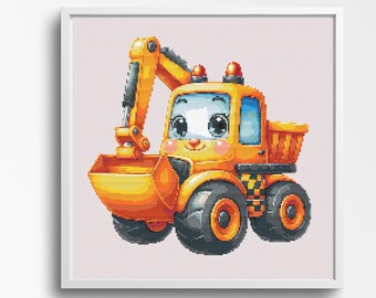 Digger Delight - Charming Excavator Cross Stitch Pattern 200 x 200 Stitches. Counted Cross-Stitch. Room Decor for Construction Crazy Kids