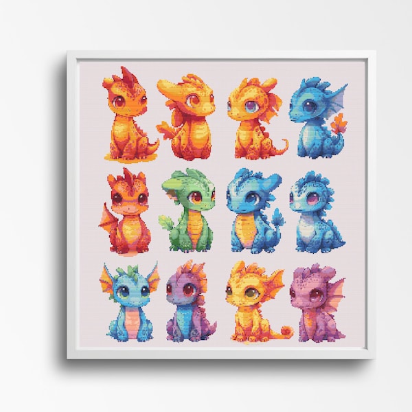 Cute Dragon Collection Cross Stitch Pattern. Counted Cross-Stitch. 12 Hatchling Dragons.