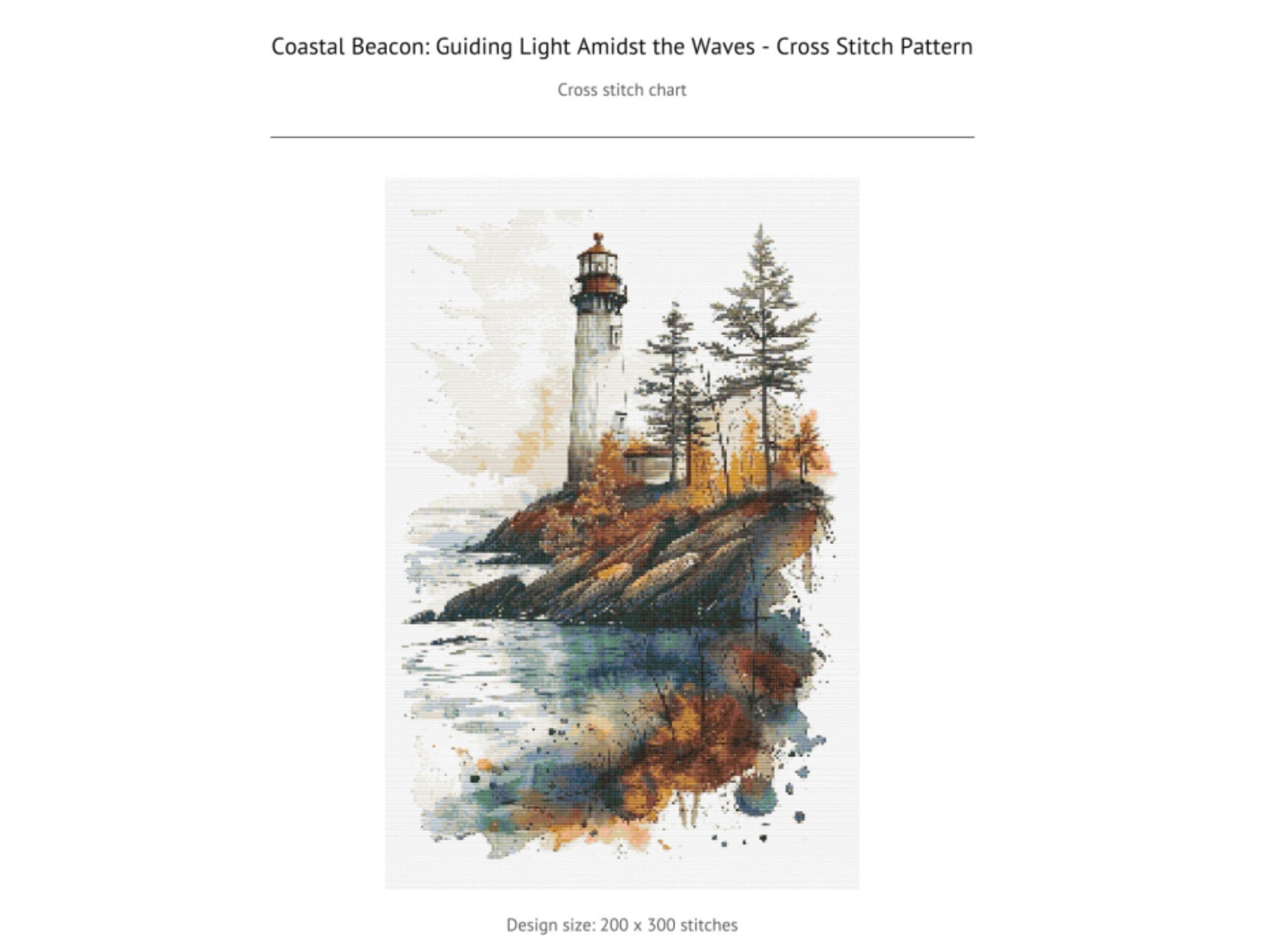 Coastal Beacon Guiding Light Amidst the Waves - Cross Stitch Pattern 200x300 Stitches. Counted Cross-Stitch. Beautiful Lighthouse on a Beach - Thumbnail 4
